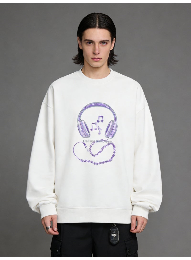 ليرين Off-White "Headphone & Music Note" Doodle Oversized Crew Neck Sweatshirt | Unisex Pullover With "Call me" Slogan - Image 3